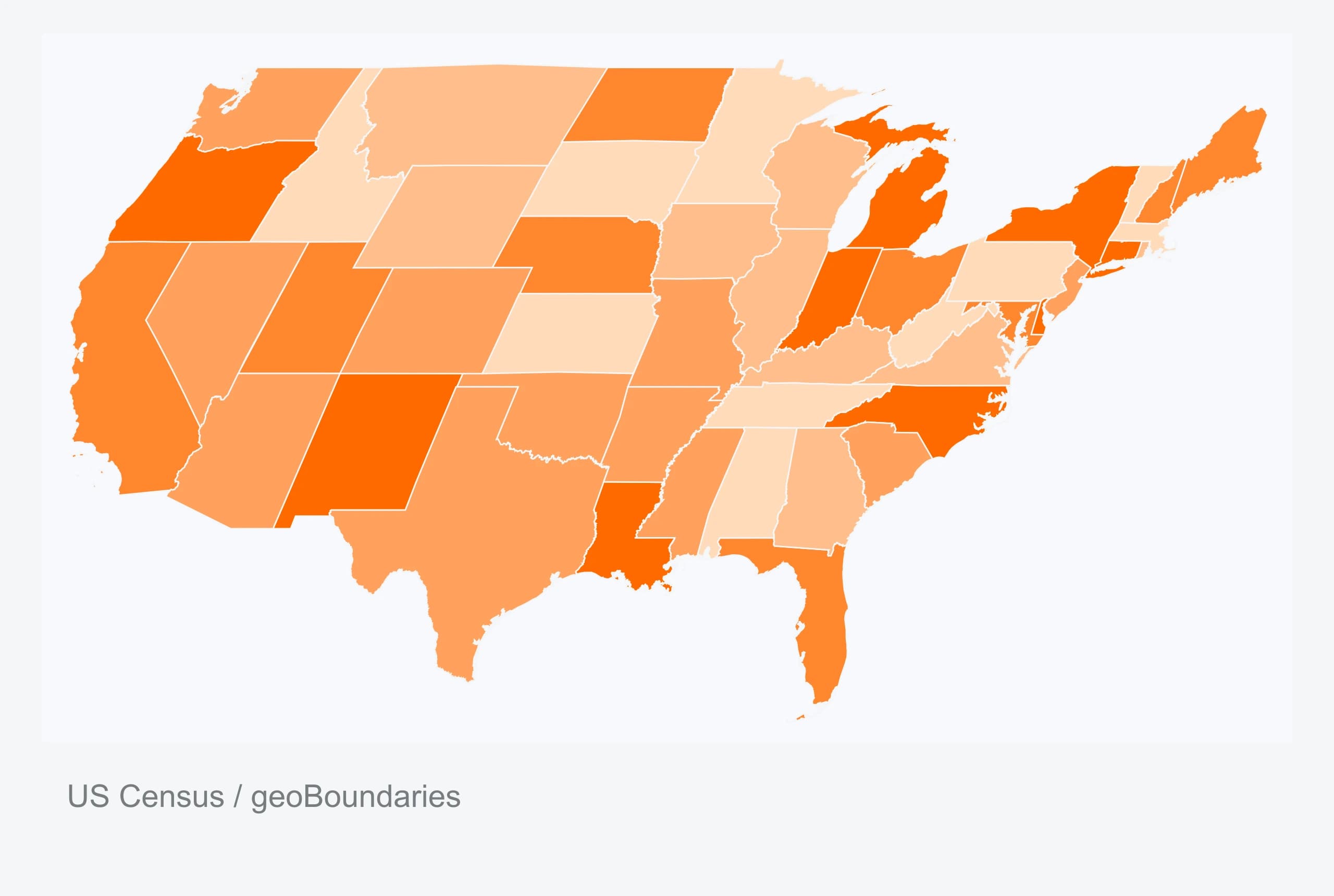 A choropleth with contiguous United States state boundaries. Illustrative data.